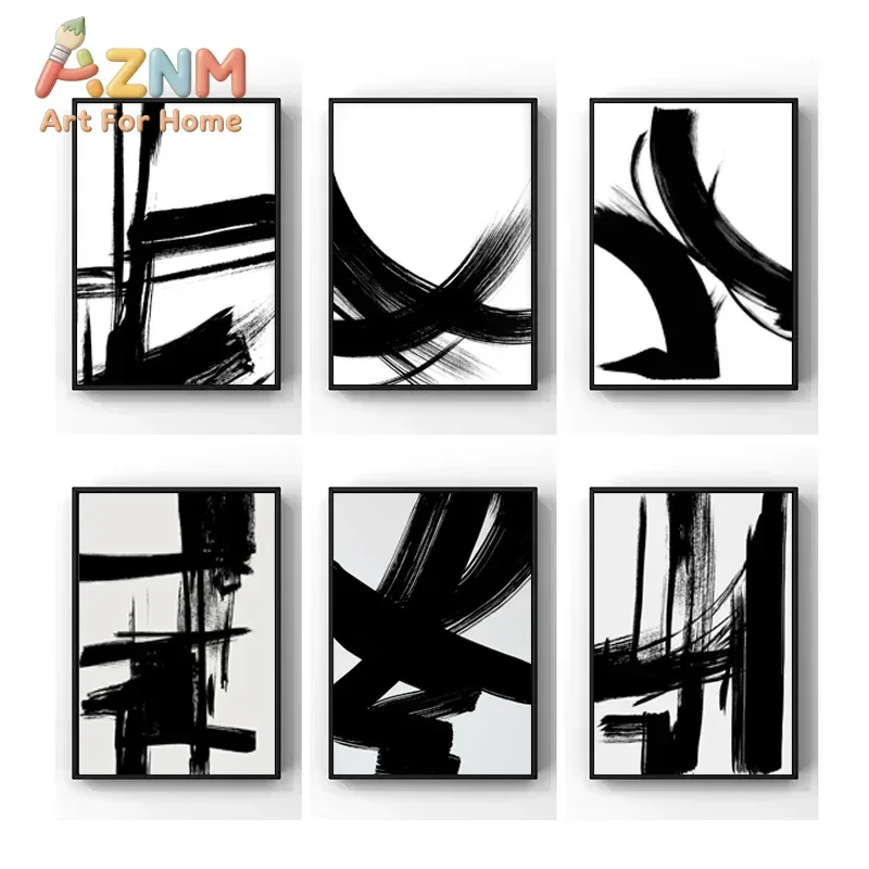AZNM Black Ink Brush Stroke Canvas Wall Art Minimalist Abstract Line Print Poster Modern Monochrome Living Room Decor