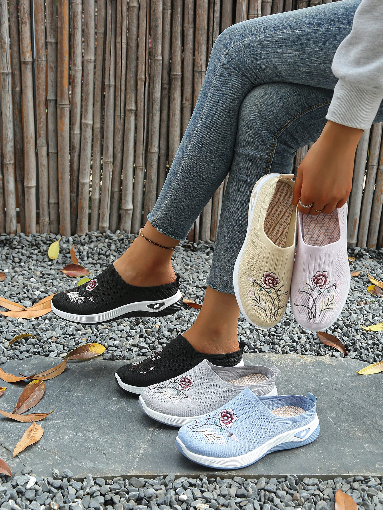 Große Größen Damen Rückenfreie Plateau-Sneaker mit Blumenstickerei, Mesh-Slipper, rutschfeste, bequeme Freizeit-Slipper für Senioren zum Gehen – Detail 1