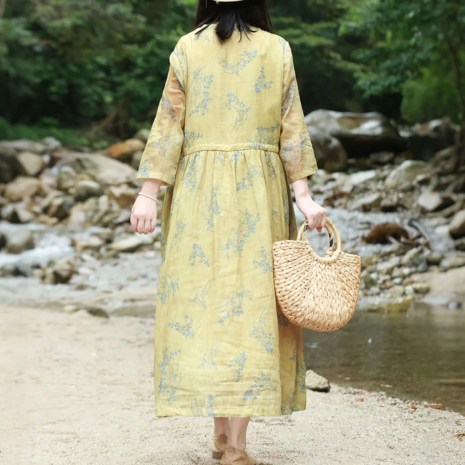 LZJN Sommerkleid mit Ramie-Aufdruck, tailliert – schlichtes Retro-Kleid mit hoher Taille und Kordelzug, künstlerisches, elegantes gelbes langes Kleid