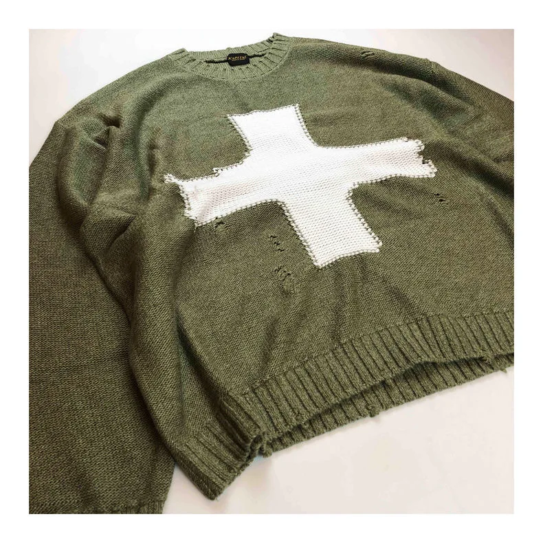 

Cross pattern hole round-neck sweater pullover long-sleeved sweater men's and women's loose casual round-neck sweater winter