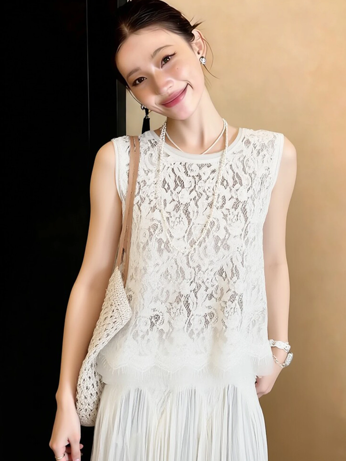 

Ele Lace Splice Svel Vest Women's Faion Spring Top Korean Sle Loose Fit round Ne Single Piece Regular Length