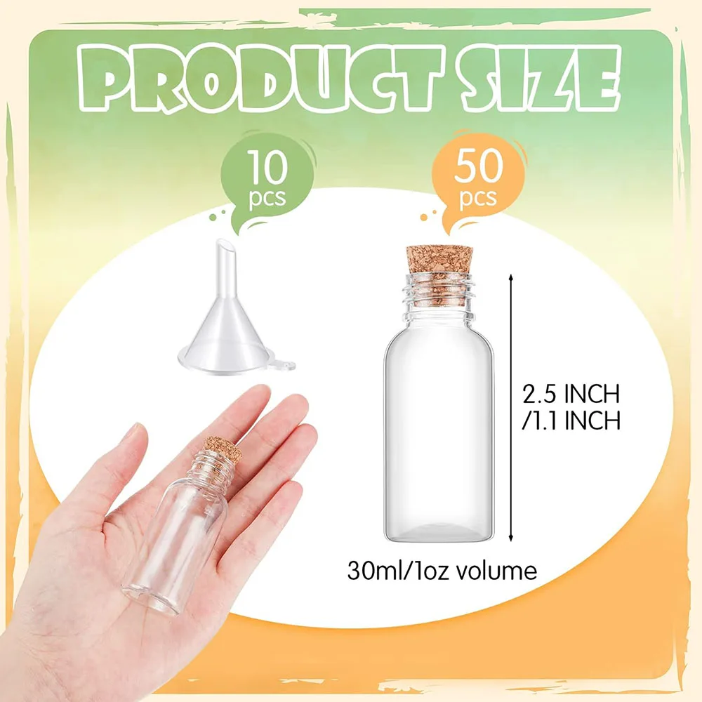 1oz Plastic Sand Art Bottles Mini Vial Potion Bottles Perfume Cork Bottle for DIY Craft, Essential Oil, Message, Party Favor