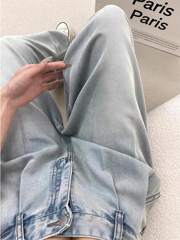   Jeans mit geradem Bein für Damen, Herbst und Winter, dünn, große Größe, lockere Hose mit weitem Bein, hohe Taille, schlankmachende, drapierte Eisseidenjeans