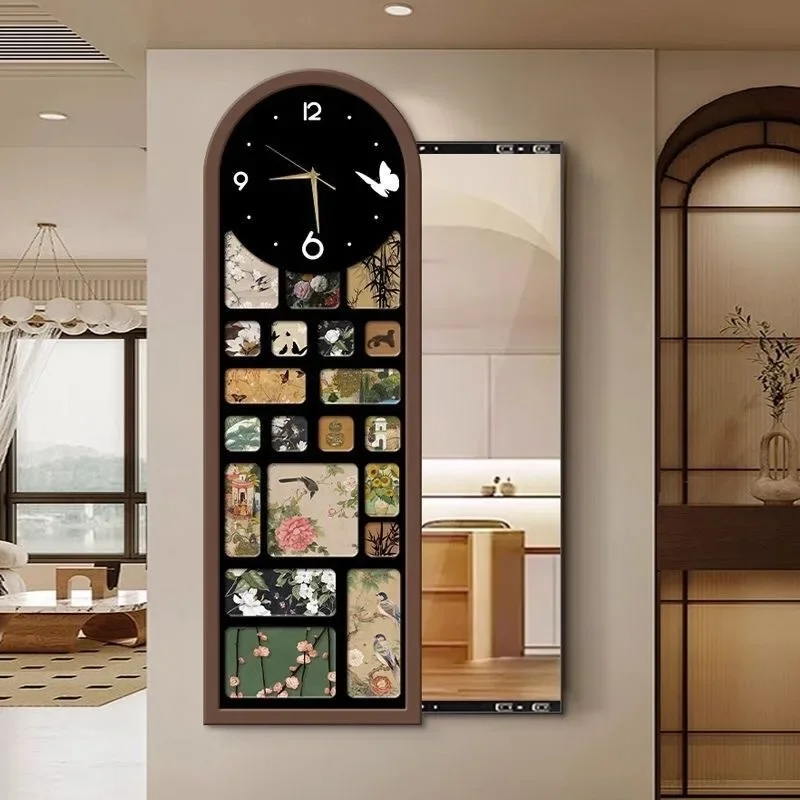 Medieval style entrance full-body mirror hanging painting French retro push-pull mirror wall clock creative silent clock full-le