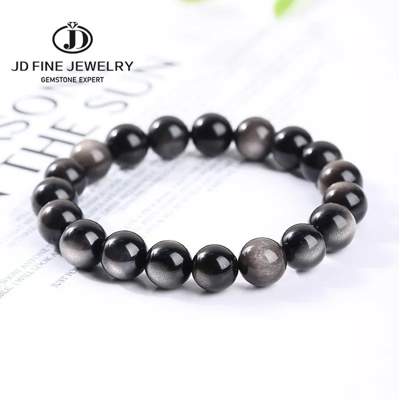 JD Natürliche Stein Silber Farbe Obsidian Perle Shiny Armbänder Frauen Männer Trendy Yoga Energie Gebet Perlen String Armreifen Schmuck