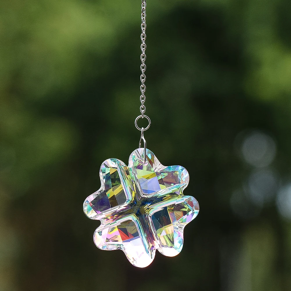 Iridescent 4 Leaf Clover Crystal Suncatchers Pendants AB Color Glass Prism Hanging Ornament Window Garden Decor DIY Craft Gifts
