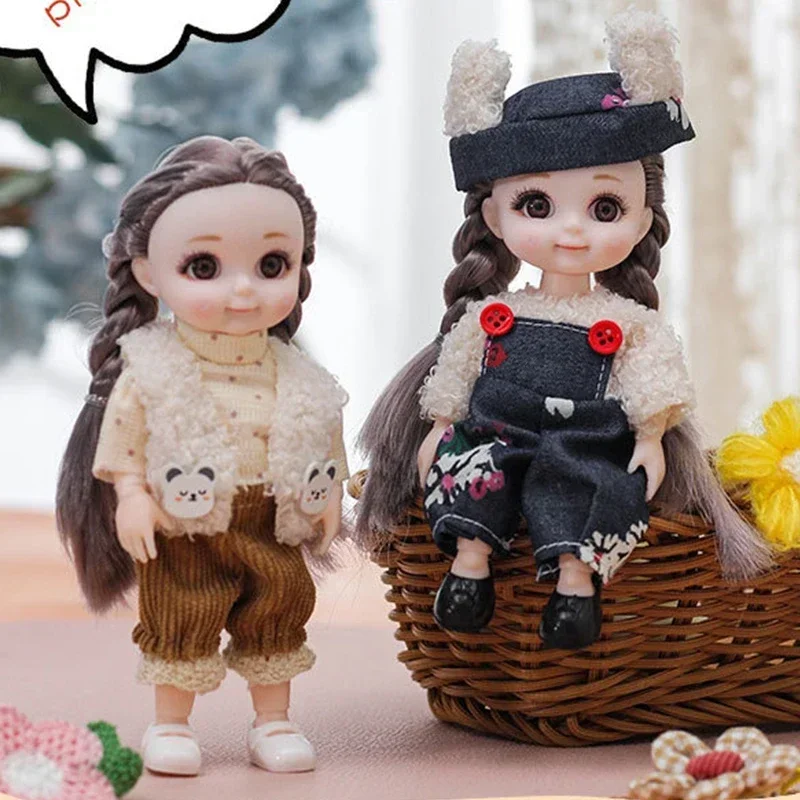 Bjd Doll 16CM 13 Movable Joints Cute Smile Face Shape and Bunny Ears Clothes Suit Toy Best Gift for Kids