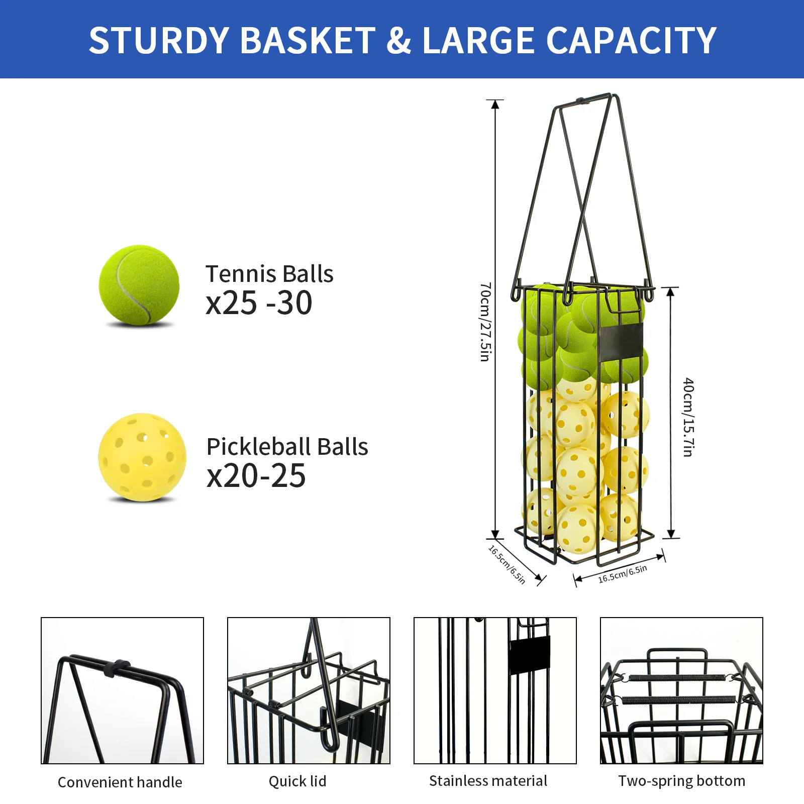 Pickleball & Tennis Hoppers Basket Pickleball Retriever Holder with Handle Collector Saver for Pickleball Ball Pickup Easy Carry