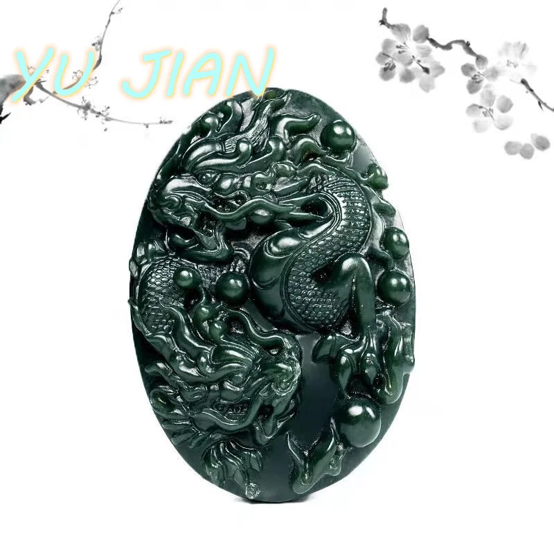 

Natural Hetian Qing Green Pendant Domineering Chinese Zodiac Dragon Jade Necklace Flying Double-Dragon Play Pearl Chain Jewelry