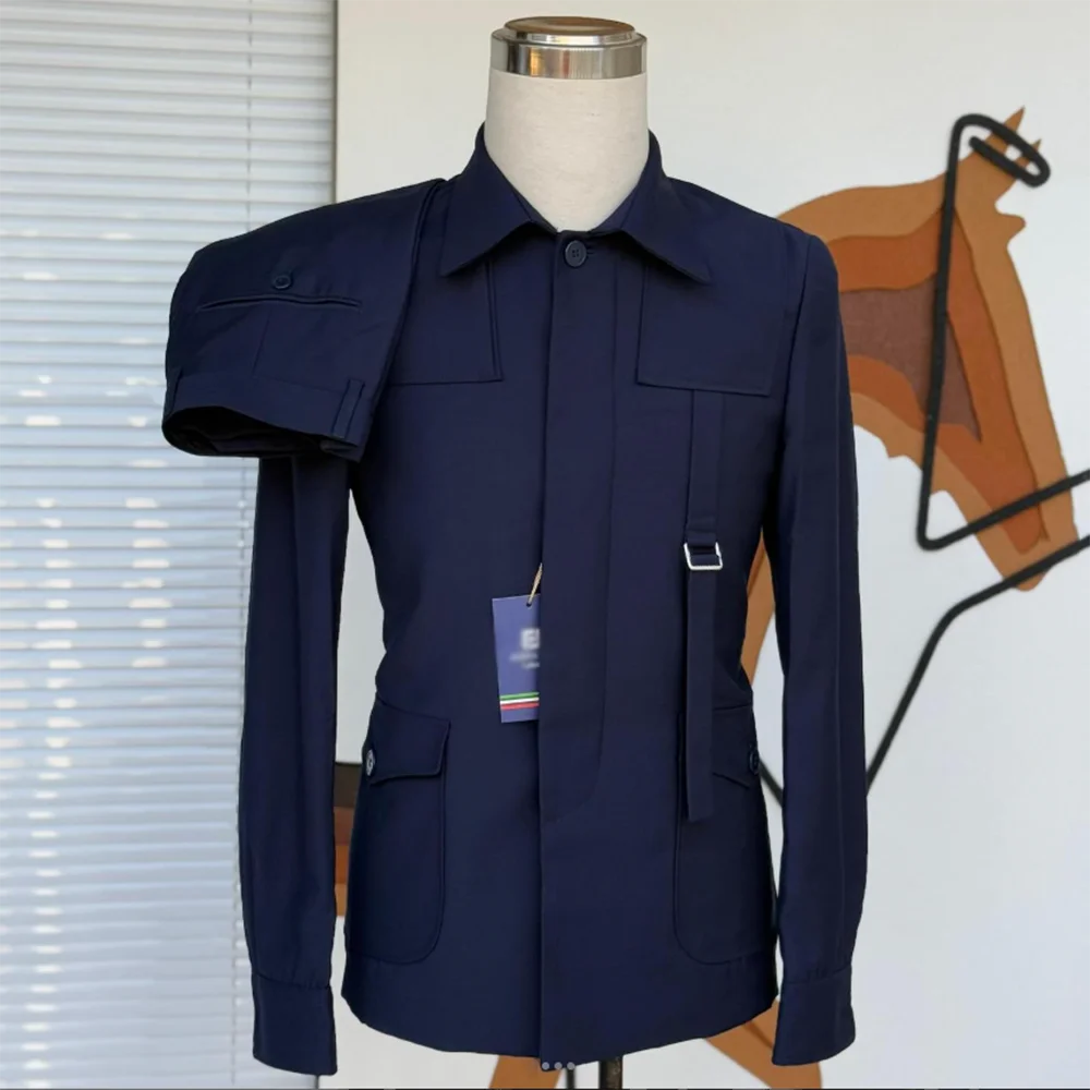 Men's Stand Collar Suit 2 Piece Fashion Unique Shoulder Design Multiple Pockets Outfit Slim Fit Party Casual Business Male Suit