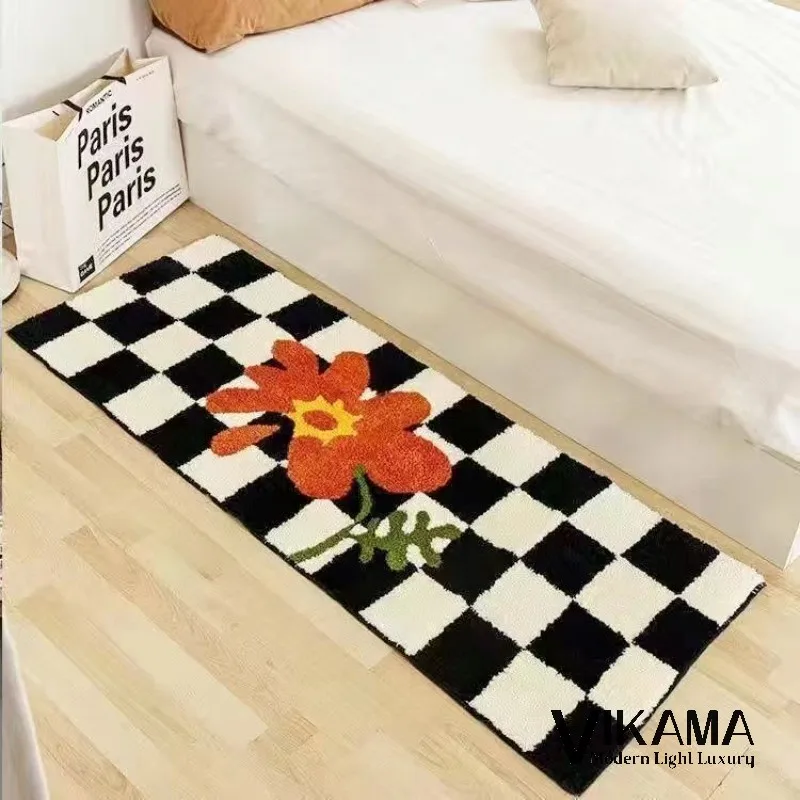 VIKAMA INS plaid light luxury carpet black and white children's bedroom bedside living room cute plush soft anti slip floor mat