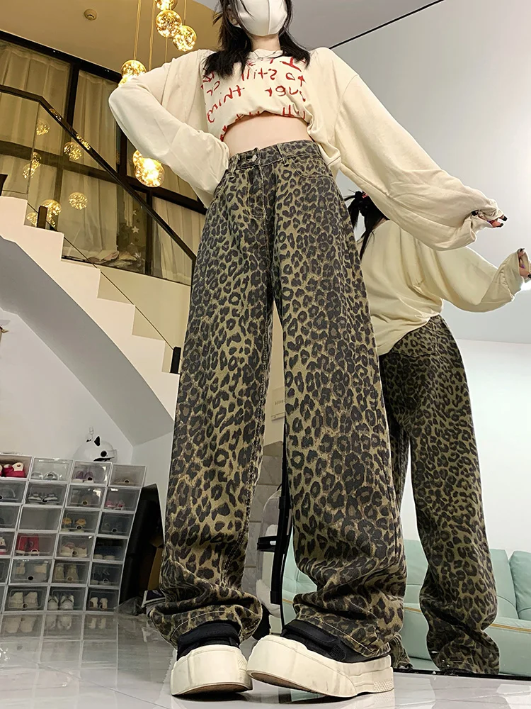 Y2k New Leopard Vintage Women's Jeans Fashion Street Slim Woman Jeans Loose Chicly Straight Leg Casual Wide Leg Pants Female