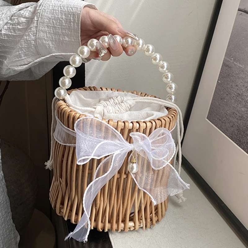 Vine Weaving Handwoven Handbag Luxury Vacation Travel Beach Women\'s Bag lace Pearl String Design Small Basket phone bag Wallet