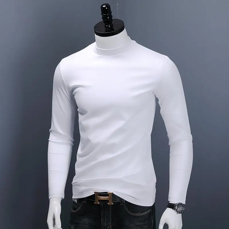 Fashion kaus pria, baju atasan lembut lengan panjang Slim Fit musim gugur dan musim dingin Turtleneck polos