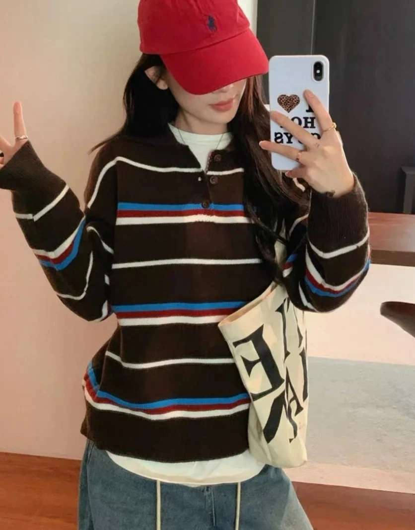 

Retro Striped Button Knitted Loose Women's Sweater Autumn Casual Faion Knitwear