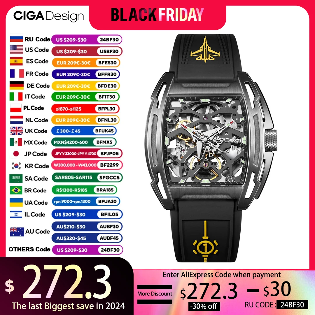 CIGA Design Limited Edition Skeleton Automatic Watch for Men Mechanical Wrist Watches IP Titanium Coating Case Sapphire Crystal