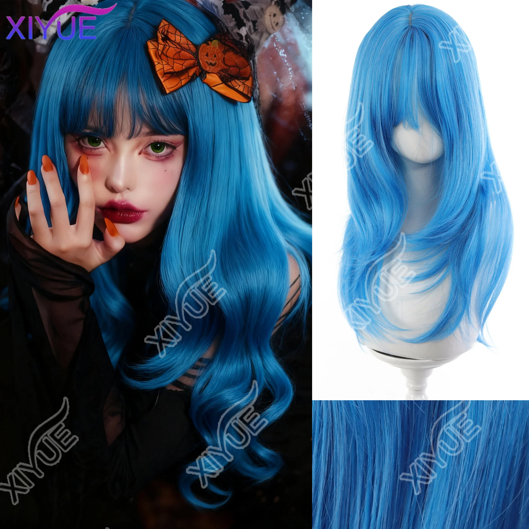 

XIYUE Синтетический длинный прямой парик высокого уровня Светло-голубой с париком для косплея с челкой для женщин Натуральные волосы Термостойкое волокно