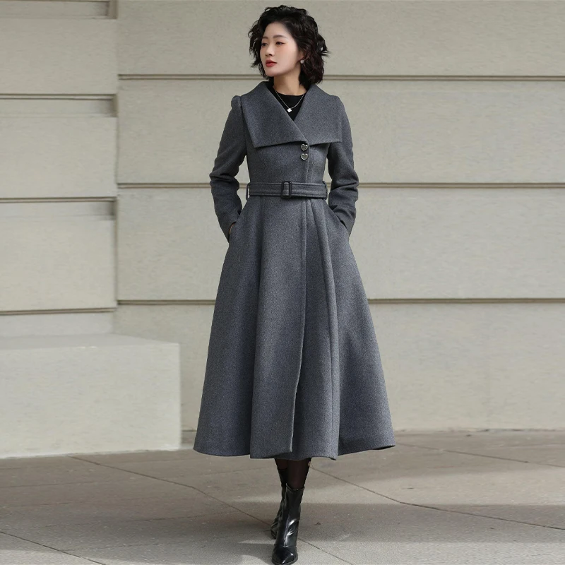 2026 Autumn/Winter New Women's Grey Wool-Blend Long Coat, Slim-Fit A-Line Swing Jacket with Belt, Trendy Winter Outerwear