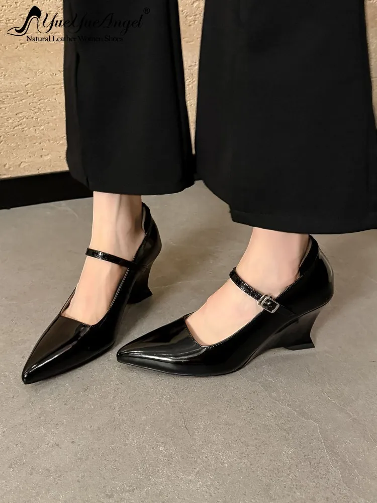 Elegant Office Ladies Pointed Toe Genuine Leather Wedges Pumps Belt Buckle Solid Color Designer Fashion Women High Heel Shoes