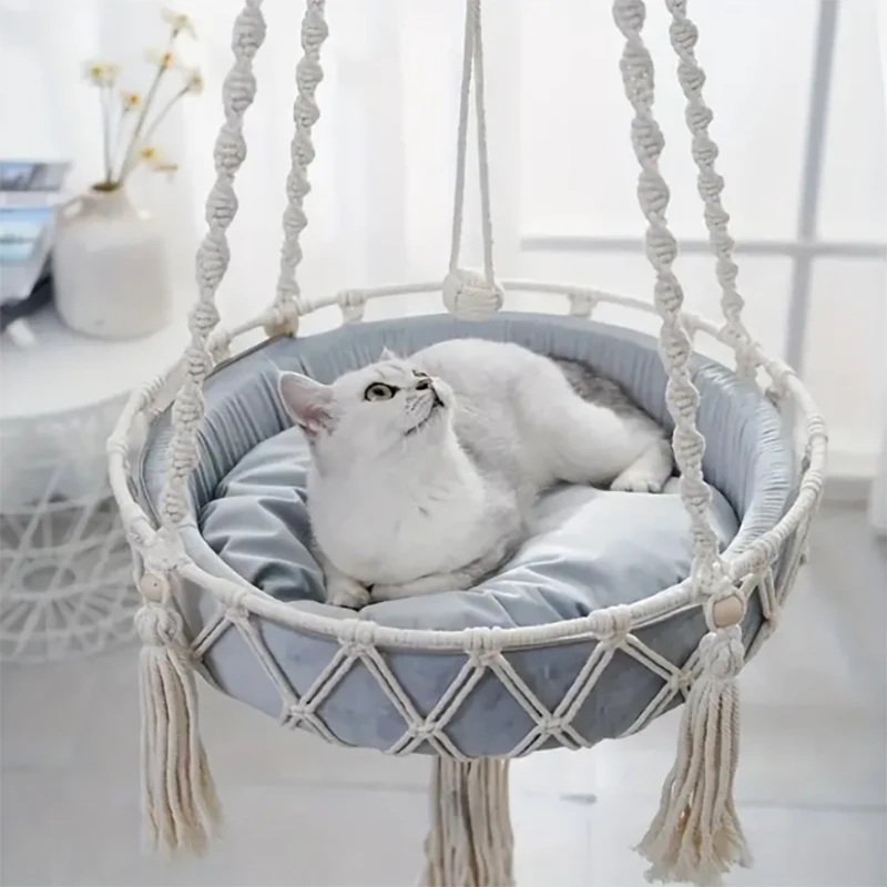 Hanging cat swing bed, woven rope cat hammock basket, comfortable pet cradle pet cat bed, suitable for indoor cats