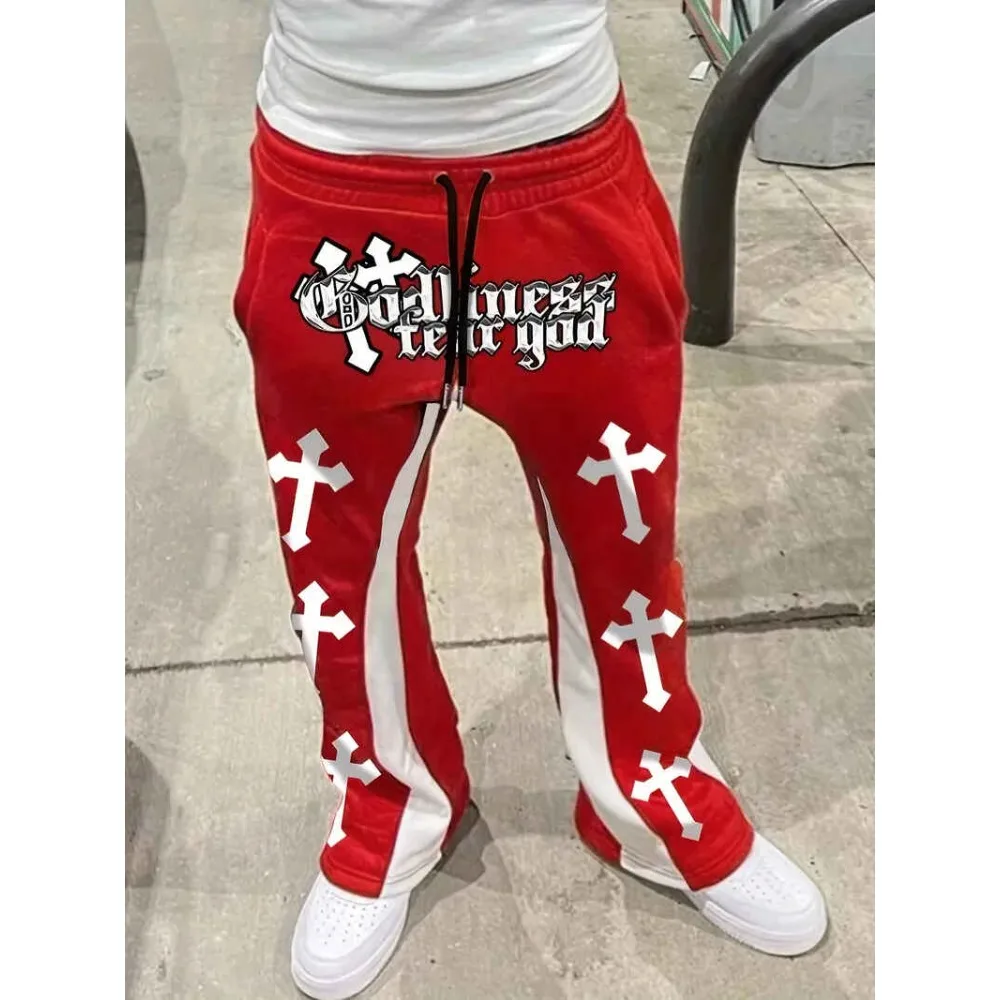 Y2K Hip-Hop Streetwear Schlaghose Blau-Weiß mit Gothic-Buchstaben-Grafik, Elastischer Bund mit Kordelzug, Unisex – Detail 3