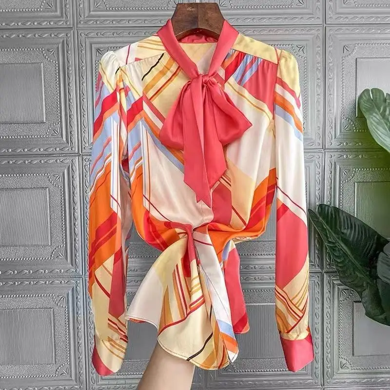 FANIECES Elegant Bow Tie Satin Women Shirts Luxury Colorful Print Spring Autumn Long Sleeve Blouses Tops Office Ladies Blusas