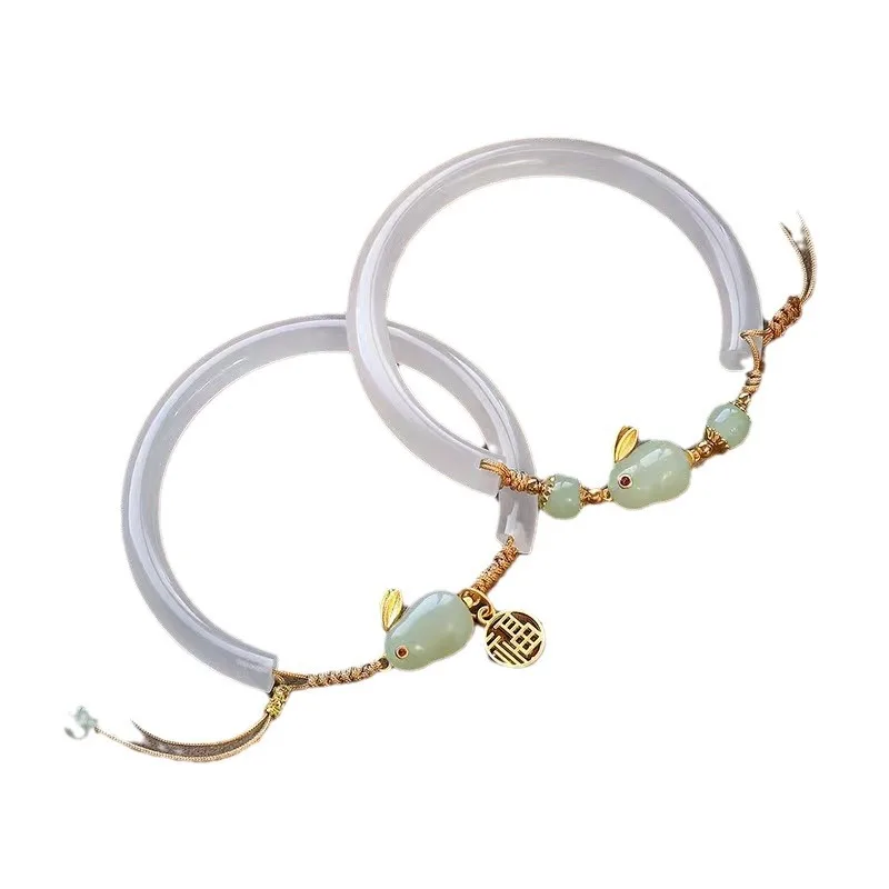Natural Hetian Jade Rabbit Bracelet Ice Type Chalcedony Jewelry Festival Birthday Gift For Girlfriend