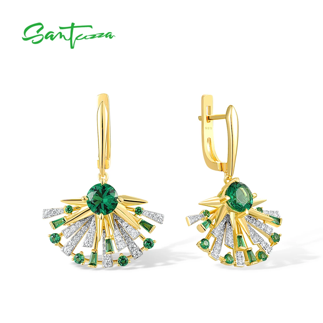 SANTUZZA Genuine 925 Sterling Silver Earrings For Women Green Spinel White CZ Fan Shaped Wedding Party Gifts Trendy Fine Jewelry