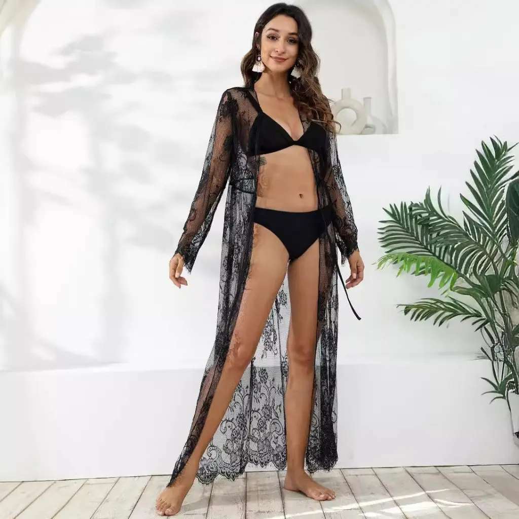 

Women's Sexy Lace-Trimmed Cardigan Coat Sunscreen Beach Blouse European And American Style Waist-Tight Design A9603