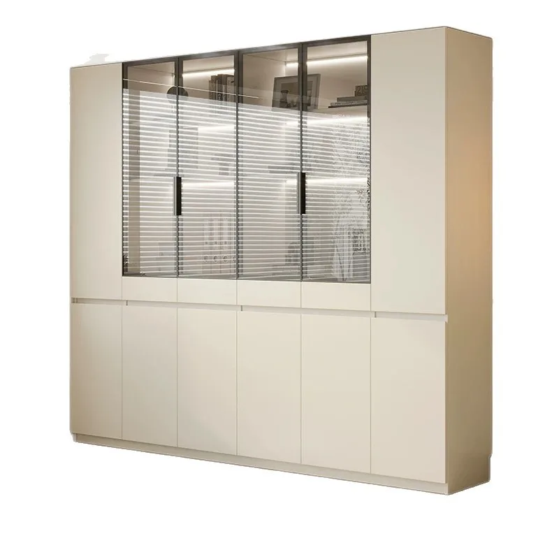Cream white oak bookcase integrated whole wall living room wall solid wood with glass storage display cabinet bookshelf
