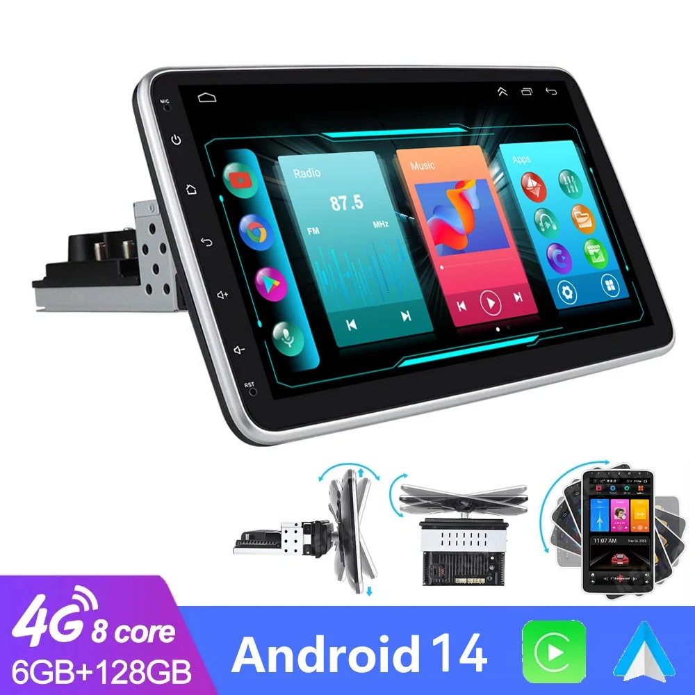 

10.1''INCH Android 14 Rotatable IPS Car Radio Universal Single 1 DIN Car Stereo Built-in Wireless CarPlay Android Auto DSP RDS