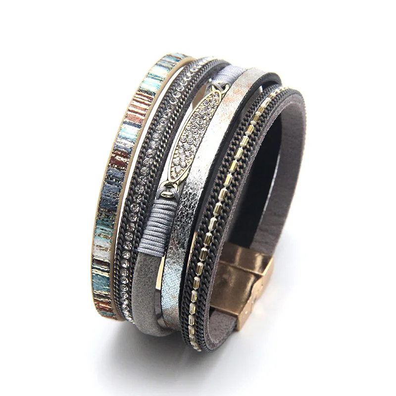 ZG New Vintage Multi Layered Leather Bracelet Jewelry Bohemian Ethnic Style Magnetic Buckle Weaving Bracelet for Women