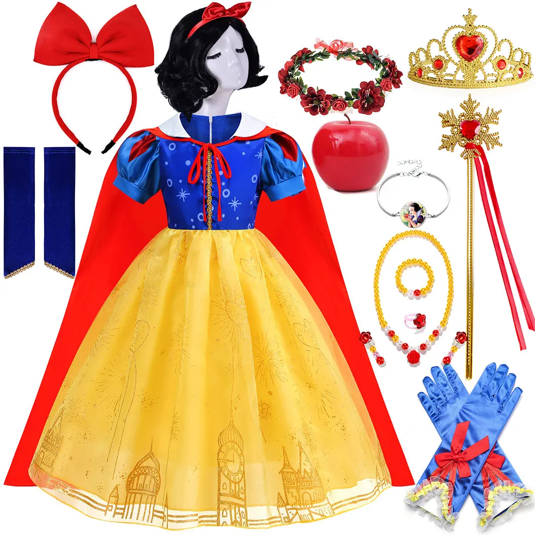 

Classic Snow White Yellow Puffed Dress Girls Cosplay Snow White Clothing Summer Festival Beach Party Dress + Cloak + Accessories