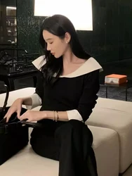 세련된 가을 겨울 니트 긴팔 탑, 레이스 디자인 컬러 블록, 페이크 투피스 스타일, 패셔너블하고 다재다능한 여성 의류