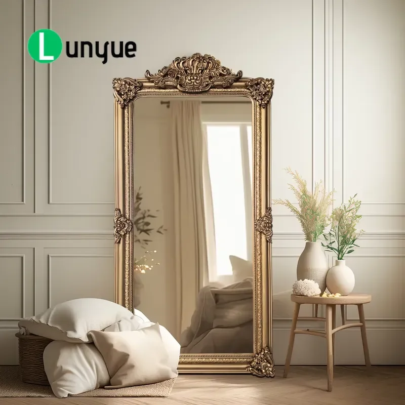 Baroque Antique Handmade Flower Full Length Floor Mirror Gold Wood Frame Retro Wall Mounted Bedroom Decor Elegant Standing
