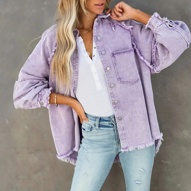 2023 Autumn Women\'s Fashion Denim Washed Raw Edge Mid-length Loose Women