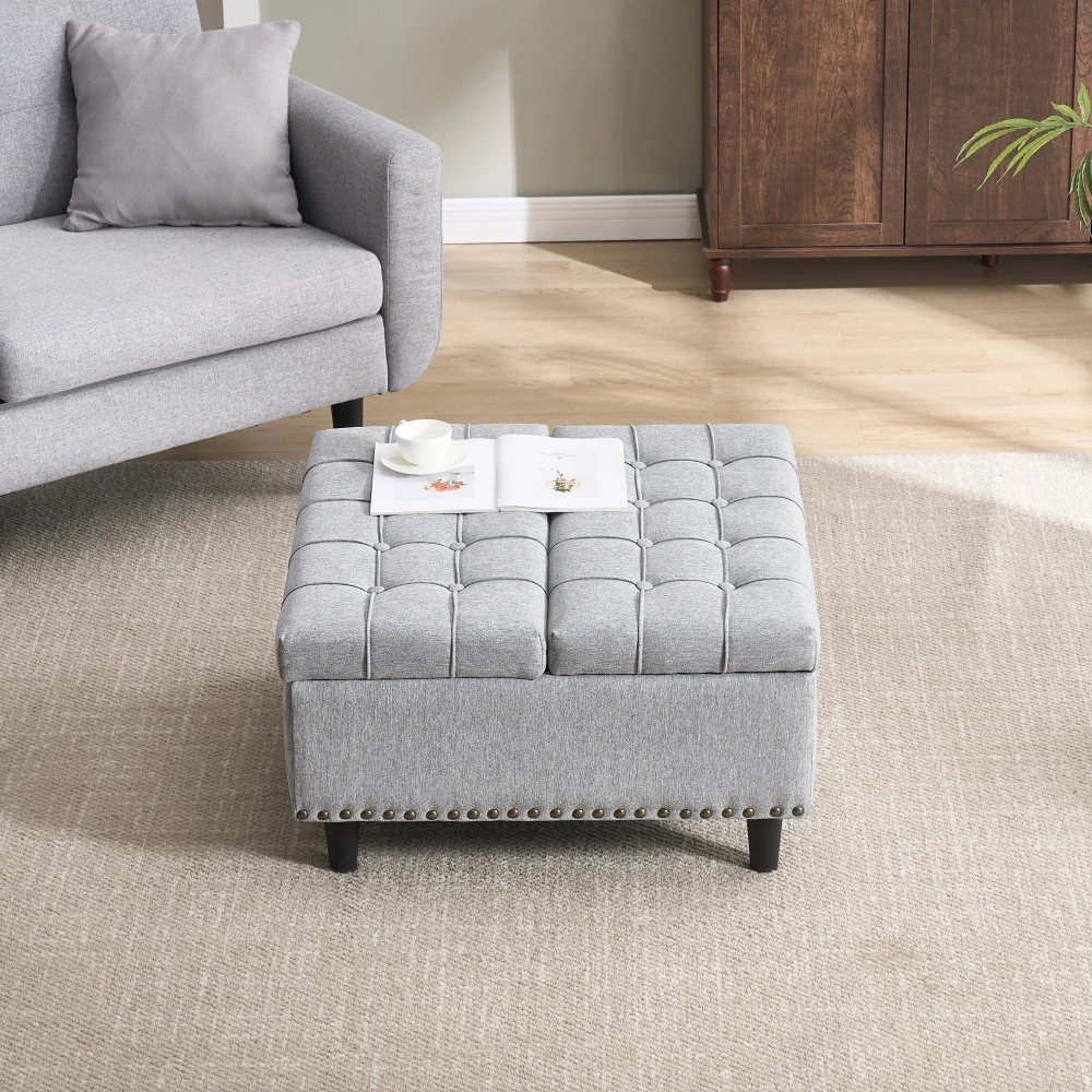 Duża kwadratowa pufa z miejscem do przechowywania, podnoszona ławka z przestrzenią do przechowywania, odpowiednia do salonu, sypialni, pracowni, wyściełany pojemnik do przechowywania.