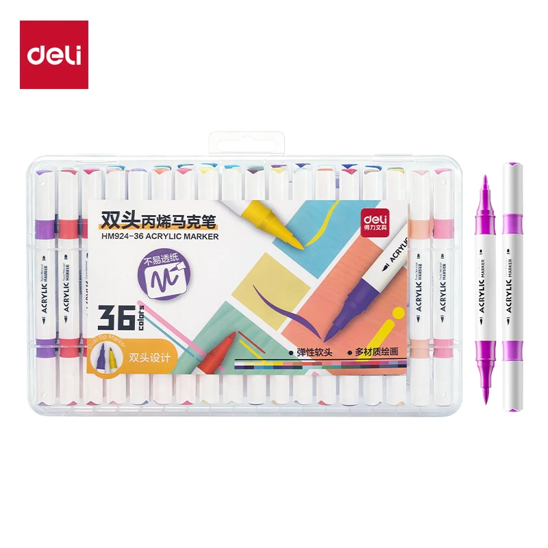 Deli Dual-Tip Acrylmarker-Set, Textmarker, Kunstpinsel, Farbstifte zum Kritzeln, Handzeichnen, verschiedene Größen, 12/24/36/48 Stück