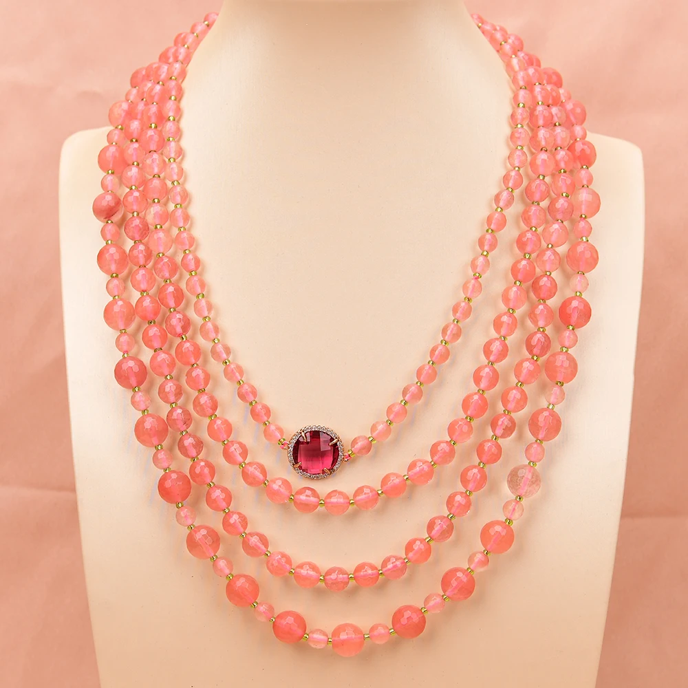 APDGG A77 Handmade 4 Rows Natural Mix Stone Rose Quartz Jade Multi Strands Necklace