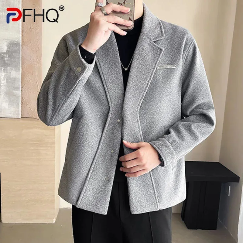 PFHQ Korean Style Men's Jackets Loose Woolen Single Breasted Solid Color Short Autumn Fashion Male Casual Clothing Tide 21Z6584