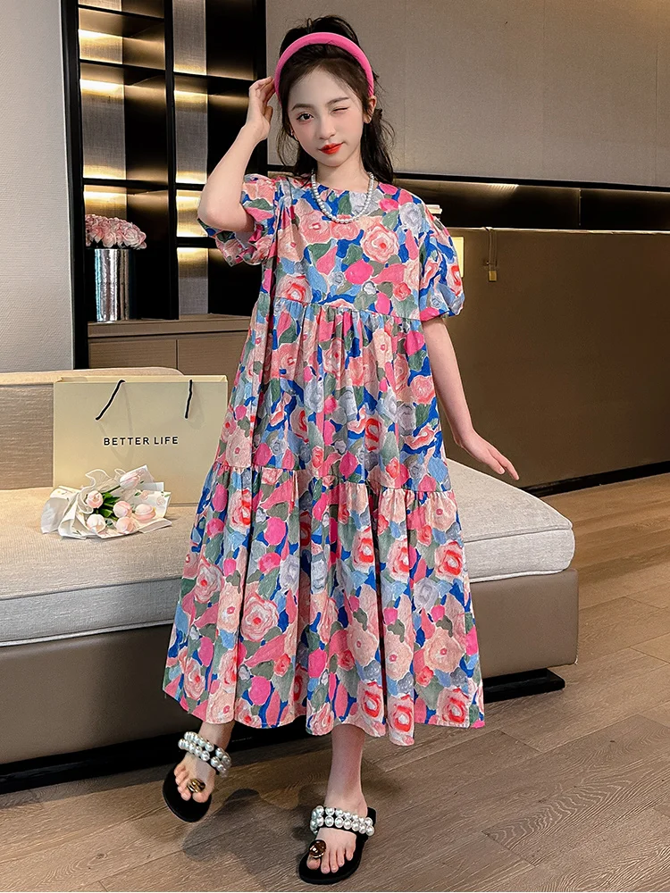 Summer Kids Floral Dresses for Girls Korean Loose Casual Dress Girl Clothing Cute Teenager Children Princess Dress 6 8 10 12 14Y