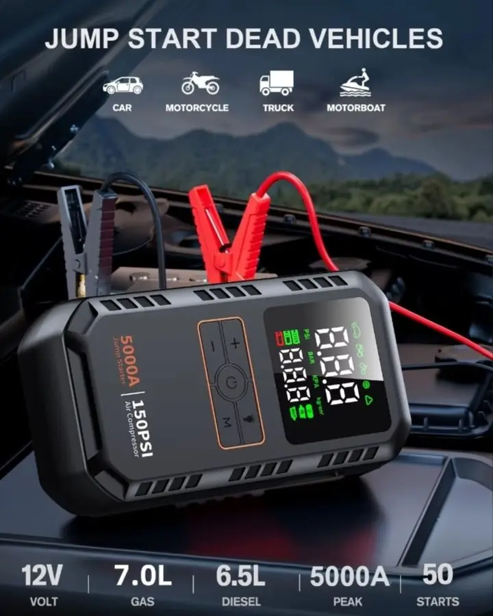 4-IN-1 Car Jump Starter with Air Compressor Peak 5000A Auto Battery Booster 150PSI Air Pump Portable Power Bank Tire Inflator
