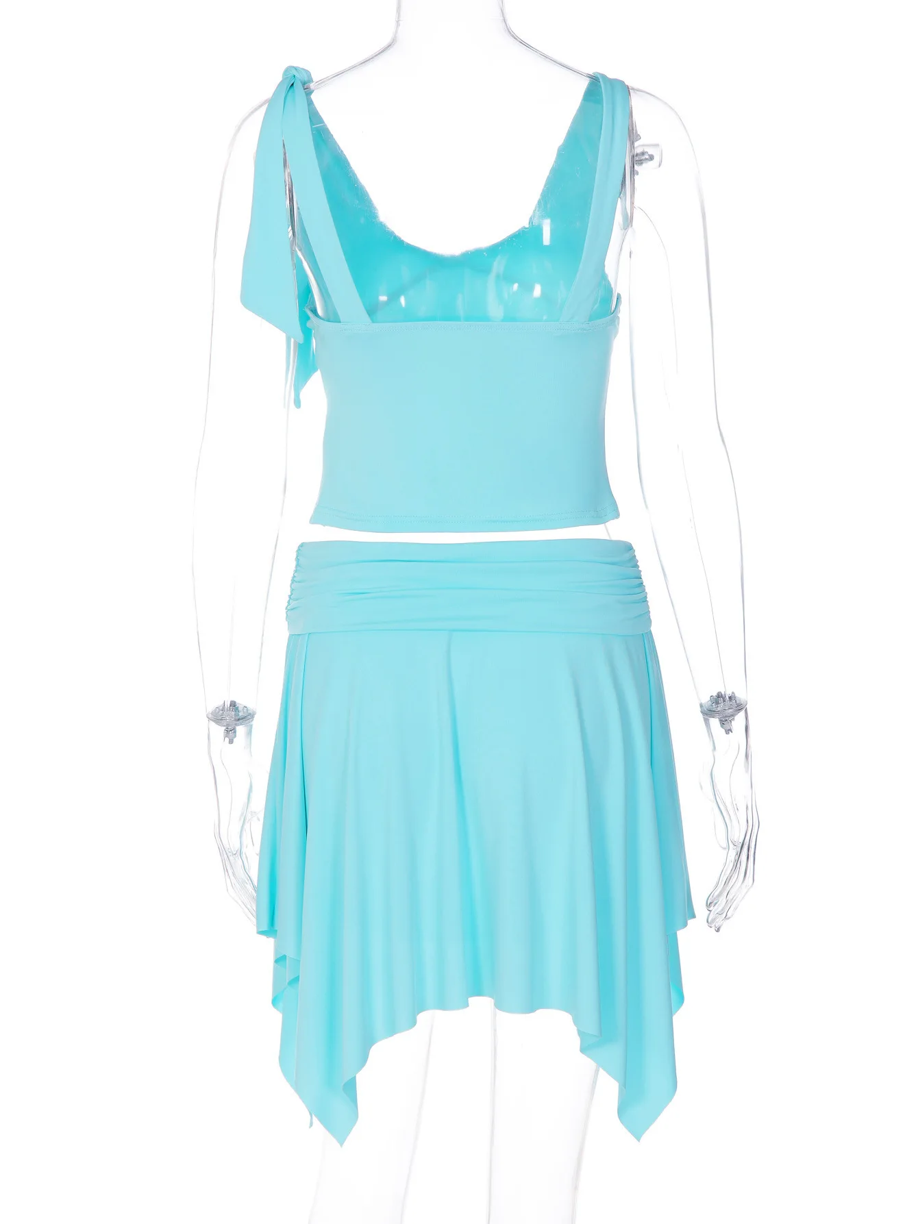 Mintgrünes U-Ausschnitt-Top mit Krawatte und Midi-Rock-Set, Dehnbares Figurbetontes Crop-Top mit Gedrehtem Unregelmäßigem Rock, Zweiteiliges Outfit – Detail 8