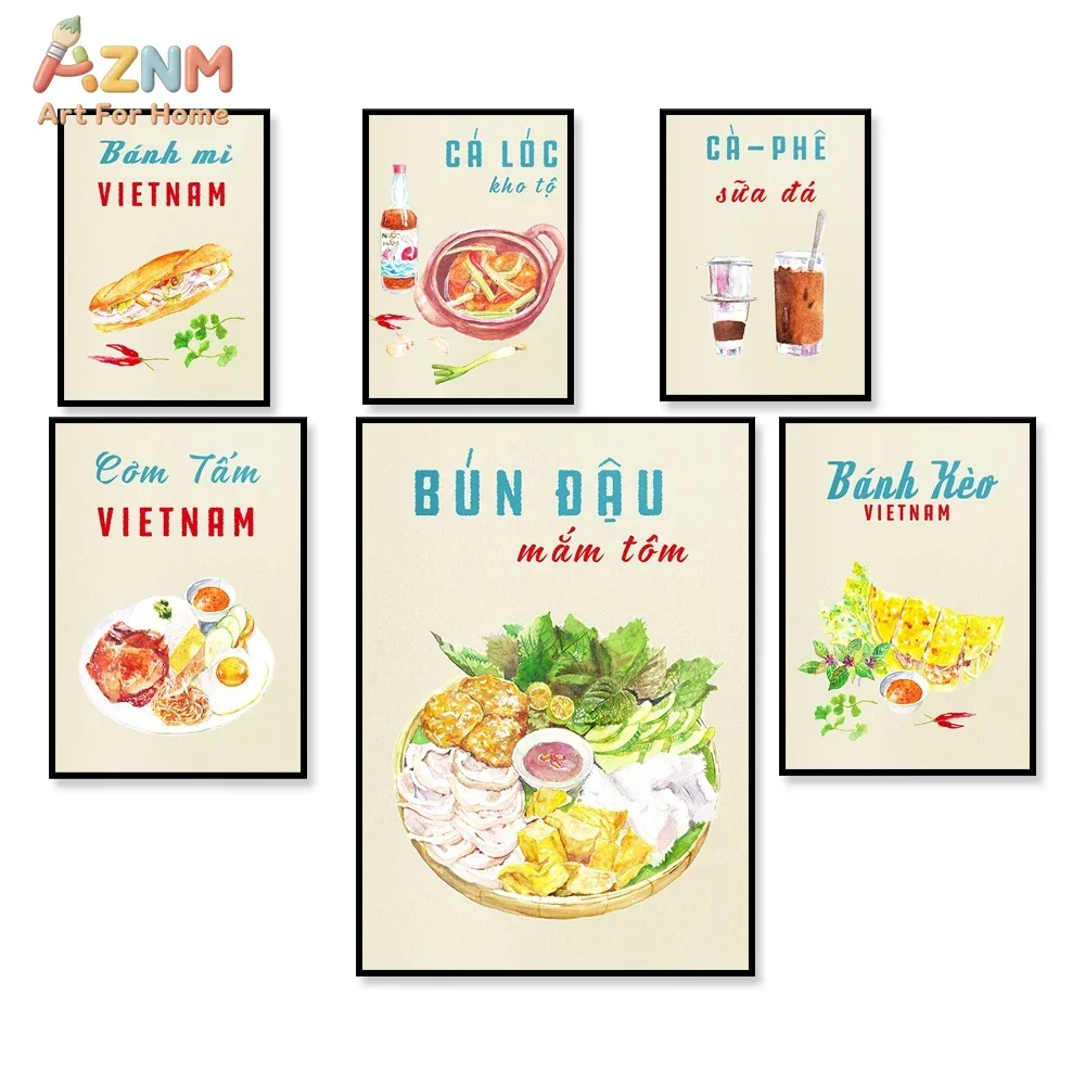AZNM Impresión en Lienzo de Comida Vietnamita en Acuarela, Banh Mi Pho, Café, Cocina Tradicional Vietnamita, Póster de Pared con Texto Retro, Sin Marco