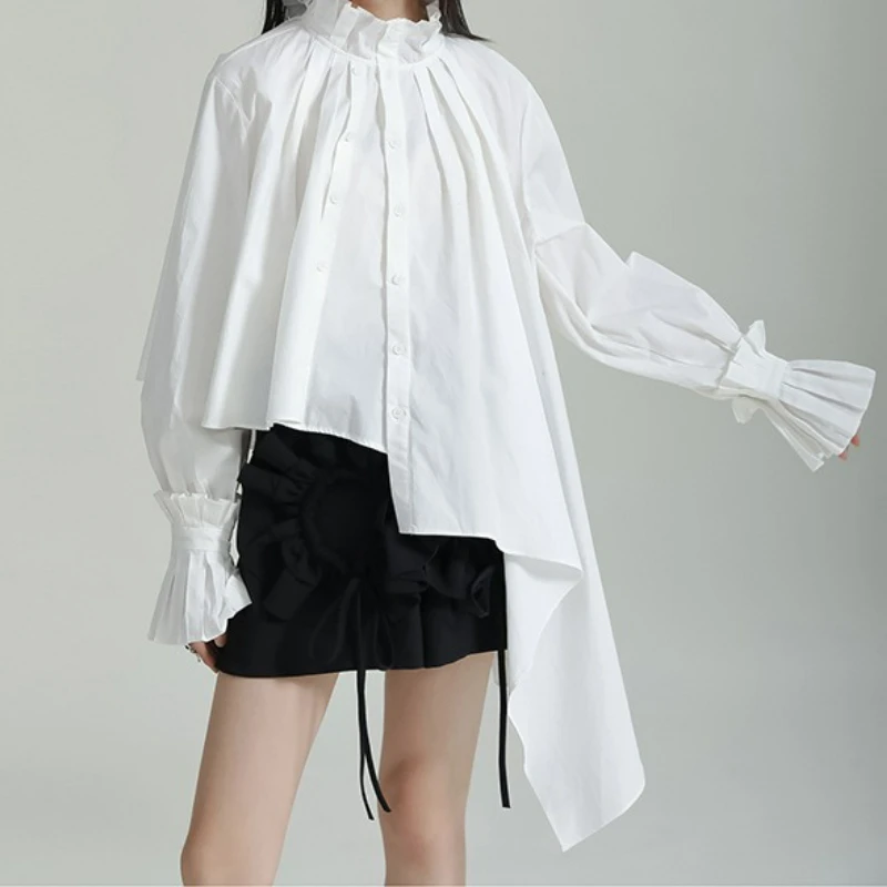 

2024 new stand up collar pleated irregular white long sleeved shirt loose slimming petal sleeve top