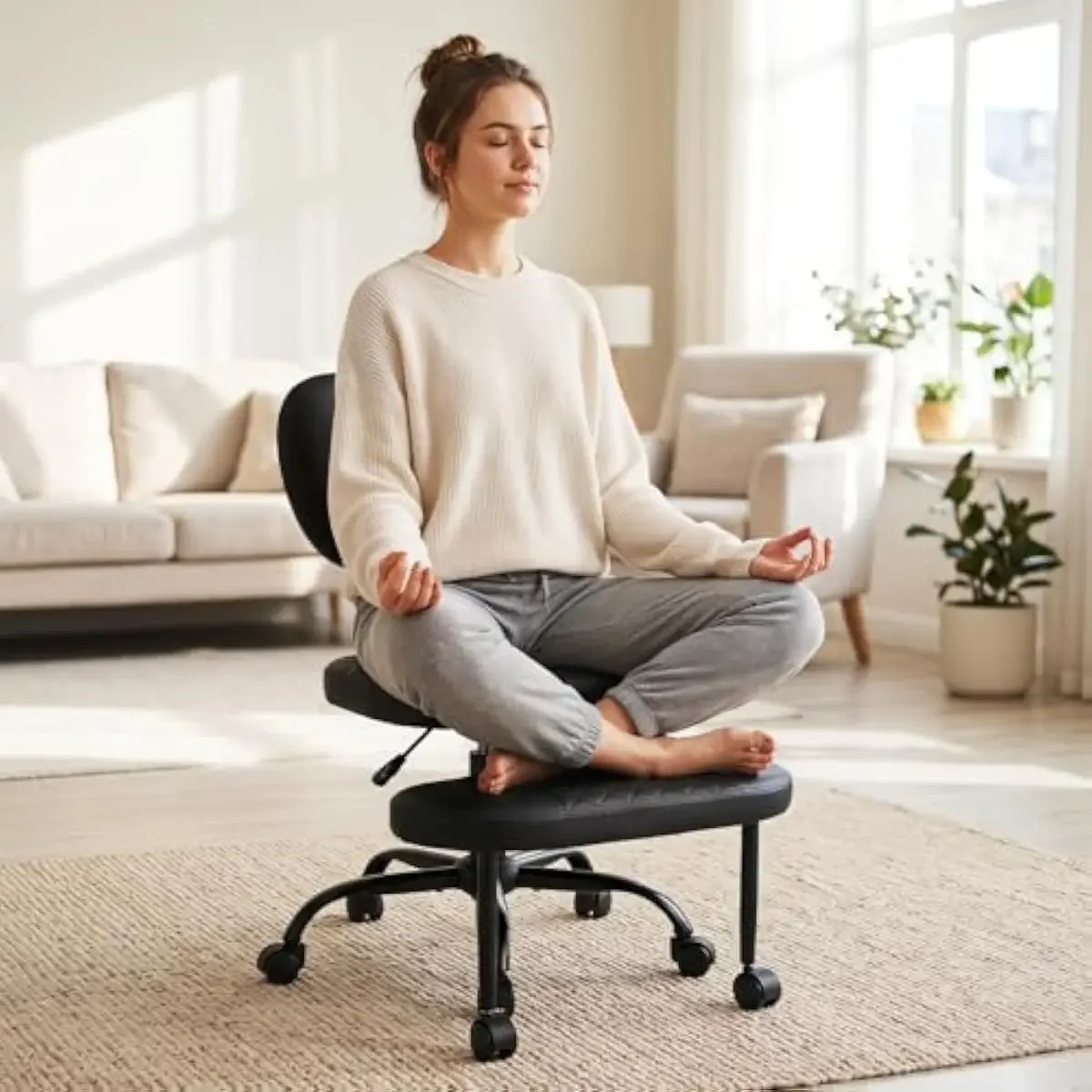 Ergonomic Cross-Legged Seat with 360-Degree Rotating Footrest Adjustable Height from 19 to 23.5 Inches Artificial Leather Uphols