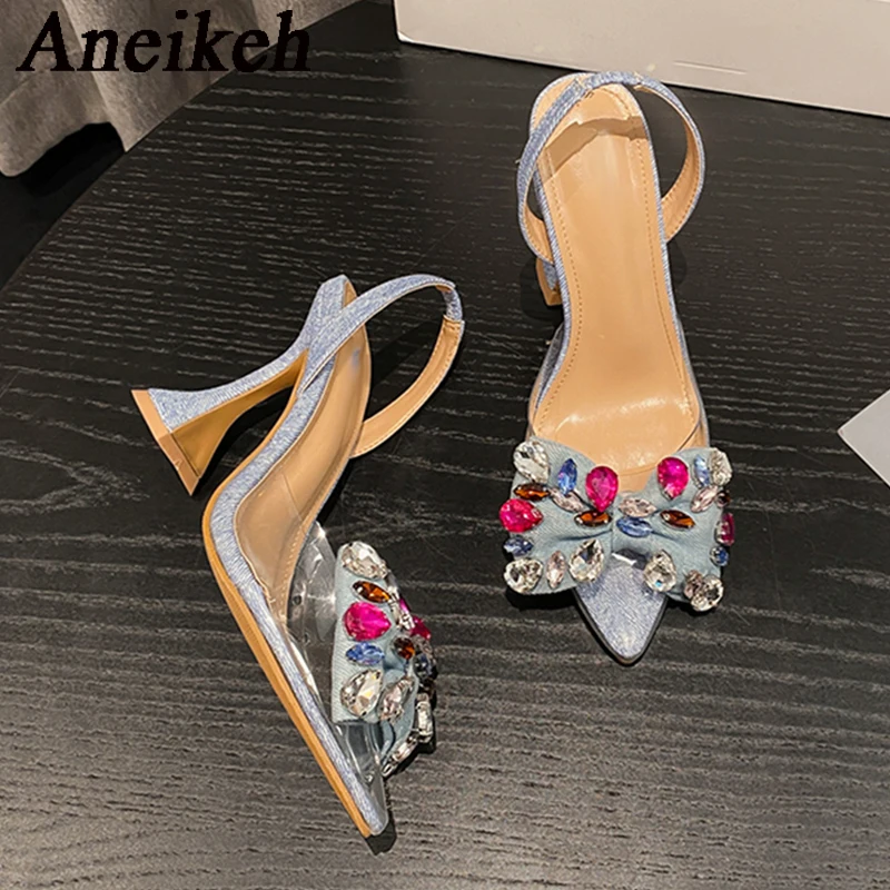 Aneikeh moda wiosenna rhinestone Bowknot damskie czółenka wysokie obcasy szpiczasty nosek pcv przezroczyste sandały wesele buty na bal