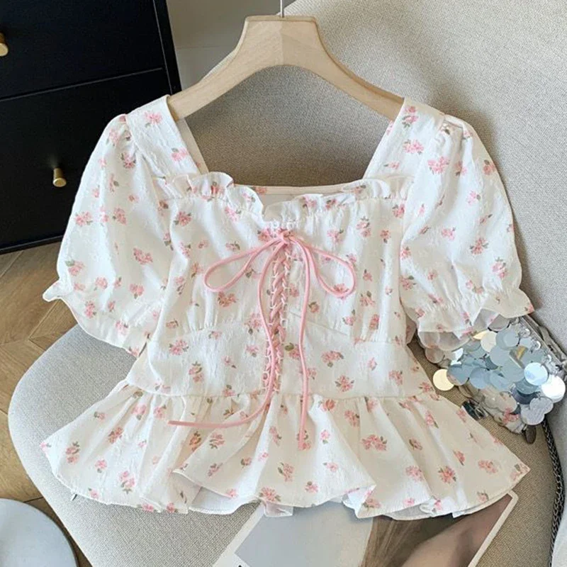 Floral Ruffles Women Shirt Summer Sweet Puff Sleeve Casual Bandage Blouse Square Collar Korean Kawaii Candy Color Female Tops