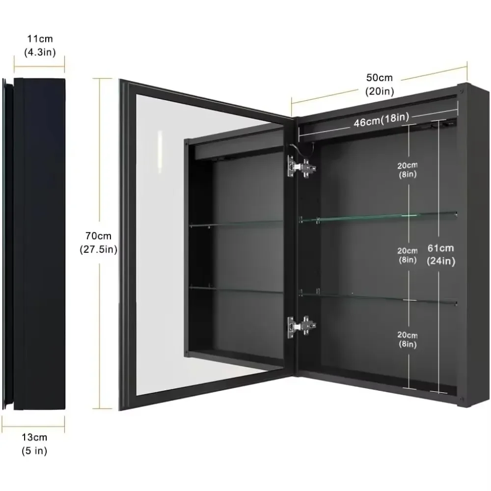 20 x 28 Inch LED Lighted Bathroom Medicine Cabinet, Defogger, Dimmable, 3 Color Light Makeup Mirror, Outlets & USBs,