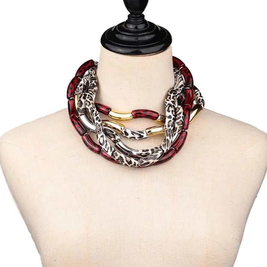 New Trend Acrylic Leopard Printing Chunky Bamboo Bracelets for Women Resin Elastic Tube Beads Necklace 2024 Fashion Jewelry